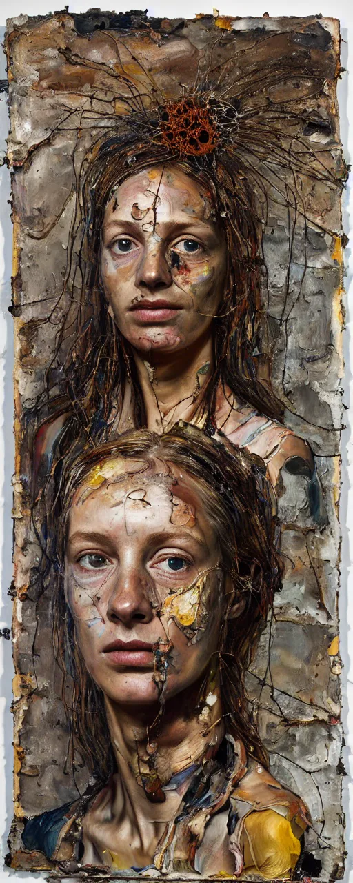 Image similar to a full length portrait of a very ordinary young woman with a distracted expression, Anselm Kiefer and Lucian Freud and Jenny Saville, oil painting, rust, Scaffolding, rusted metal and sunflowers, iron cladding, decay, mixed media, textured, anatomically correct, beautiful perfect face, visible brushstrokes, sharp focus, twisted wire, Highly Detailed, nails, photographic emulsion cracked and peeling, Cinematic Lighting, 8k, HD