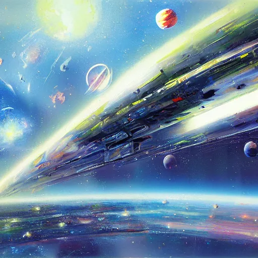 Image similar to space background warp, concept art oil painting, loosely detailed, brush hard by john berkey