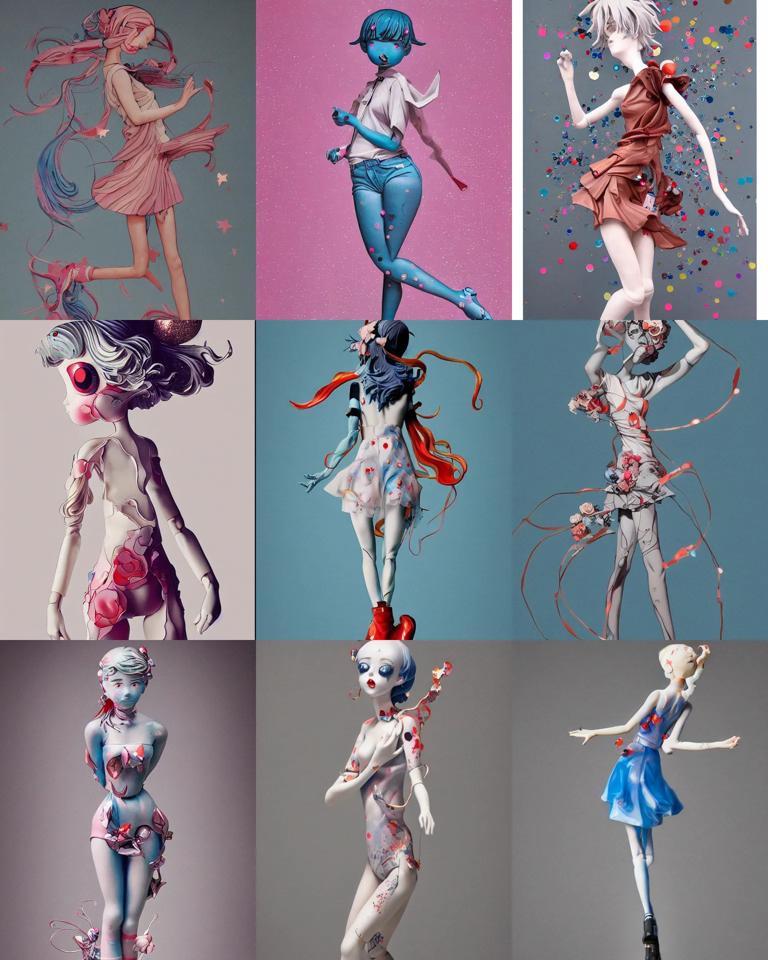 Prompt: james jean isolated vinyl figure cheerful tomboy, expert figure photography, dynamic pose, interesting color palette material effects, glitter accents on figure, anime stylized, accurate fictional proportions, high delicate defined details, ethereal lighting
