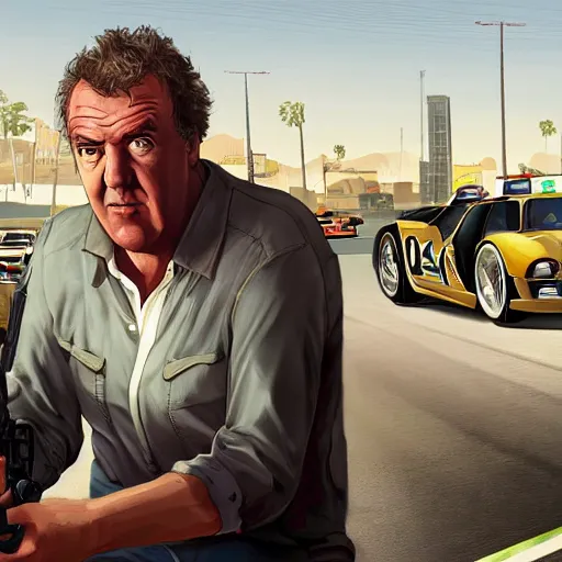 Image similar to Jeremy Clarkson in GTA V, cover art by Stephen Bliss, artstation, no text