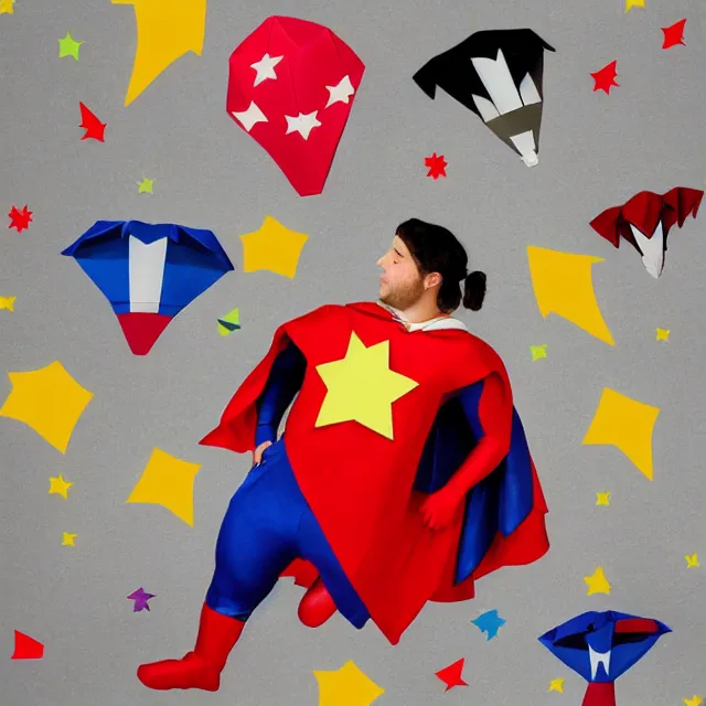 Prompt: rocket boots, superhero cape, sheet music, a piano, a parachute, confetti, origami paper, neo - impressionist, surrealism