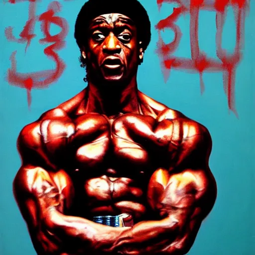 Prompt: rambo, 1 9 8 6, bill cosby, muscular, defined, shouting, oil on canvas octane render