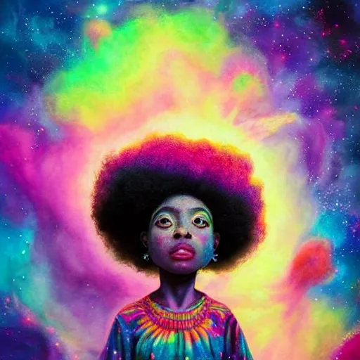 Prompt: a black girl with big beautiful eyes and a colorful afro sitting on a nebula cloud throne, bright colors, synthwave, watercolor, volumetric wool felting, felt, macro photography, children illustration, global illumination, radiant light, detailed and intricate environment, by goro fujita, bokeh!!!!