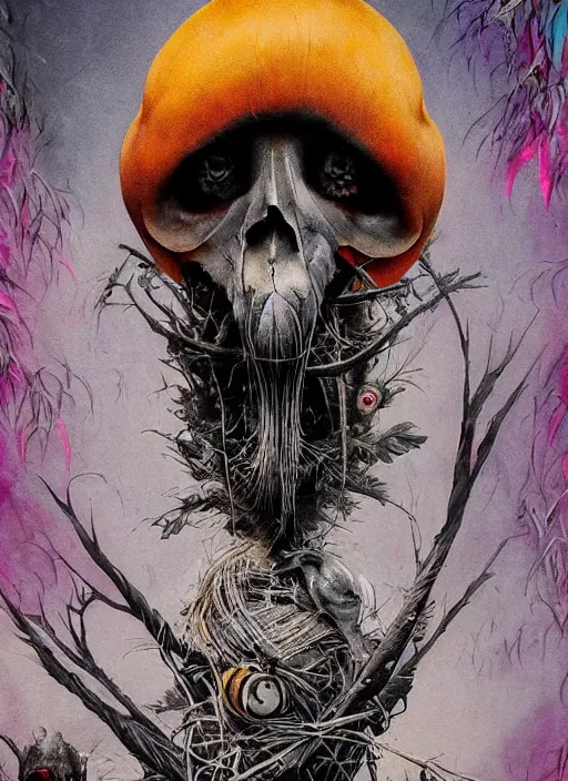 Image similar to the dodo, death tarot card, highly detailed, half skull face, cinematic, 8 k, by megan duncanson, benjamin lacombe, adrian borda, stanley artgermm, tom bagshaw, craig mullins, carne griffiths, ayami kojima, beksinski, giger, trending on deviantart, hyper detailed, horror, full of colour