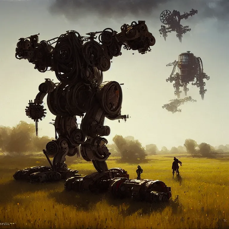 Image similar to greg rutkowski mech in a farmers field