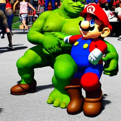 Image similar to mario vs shrek, showdown