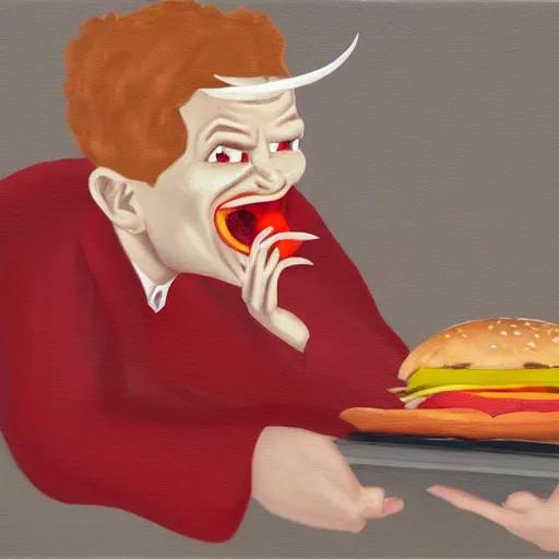 Prompt: Satan eating a juicy burger in Hell, Oil on canvas