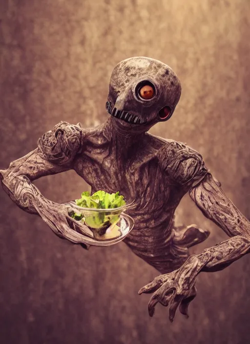 Image similar to salad fingers is real, artistic pose, cinematic shot, intricate, ornate, photorealistic, ultra detailed, realistic, 1 0 0 mm, photography, octane, high definition, depth of field, bokeh, 8 k, artstation