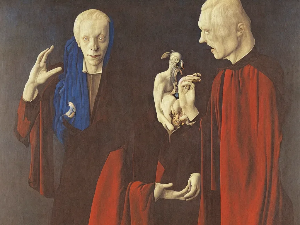 Prompt: Portrait of albino mystic with blue eyes, with demon, devil. Painting by Jan van Eyck, Audubon, Rene Magritte, Agnes Pelton, Max Ernst, Walton Ford