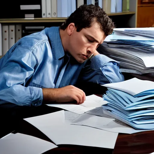 Prompt: a bizzaro worker asleep between piles of papers, high def