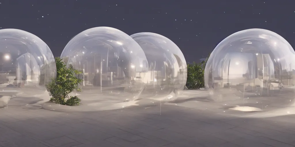 Prompt: bubble shaped buildings, molecules, white membrane structures night view flurry 8 k with furniture octan render unreal 5