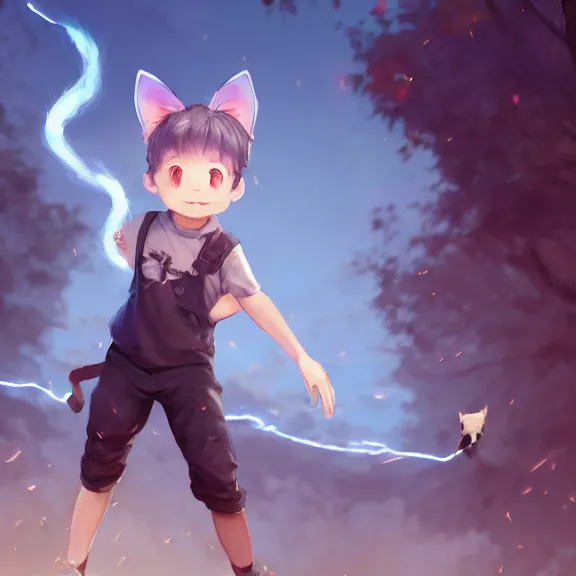 Prompt: boy with cat ears and tail, full body, blushing, happy, short smile, hair covering eyes, cinematic lightning, mid-shot, highly detailed, trending on Artstation, Unreal Engine 4k, cinematic wallpaper by Stanley Artgerm Lau, WLOP, Rossdraws, James Jean, Andrei Riabovitchev, Marc Simonetti, and Sakimichan