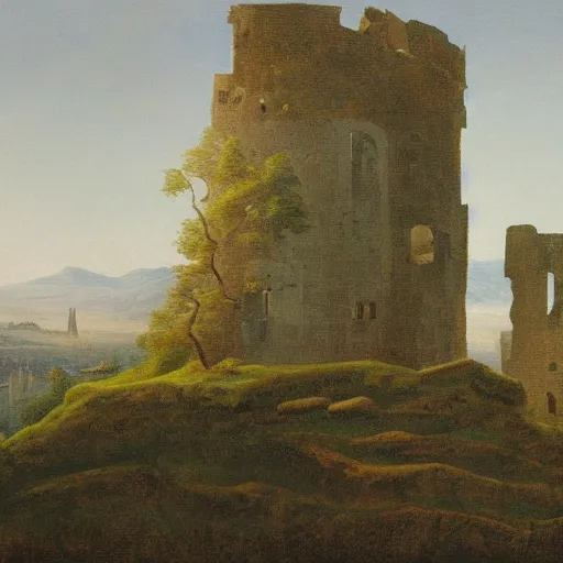 Image similar to a painting of a ruined castle, in the style of caspar david friedrich