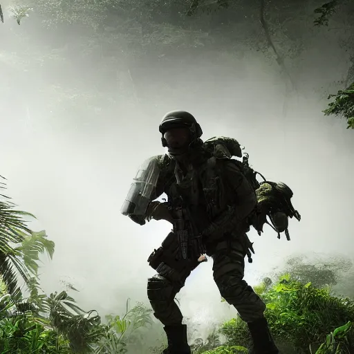 Image similar to Mercenary Special Forces soldier in light grey uniform with black armored vest and helmet launching an ambush attack in the jungles of Tanoa, combat photography by Feng Zhu, highly detailed, excellent composition, cinematic concept art, dramatic lighting, trending on ArtStation