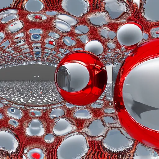 Prompt: chrome spheres on a red cube, panorama