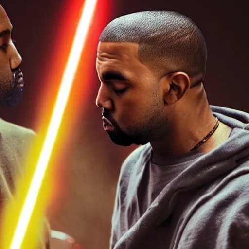 Prompt: kanye west vs drake lightsaber duel, cinematic, realistic