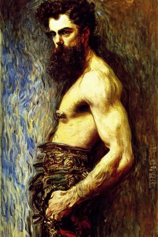 Prompt: attractive male, painting by gustave moreau, j. c. leyendecker, claude monet