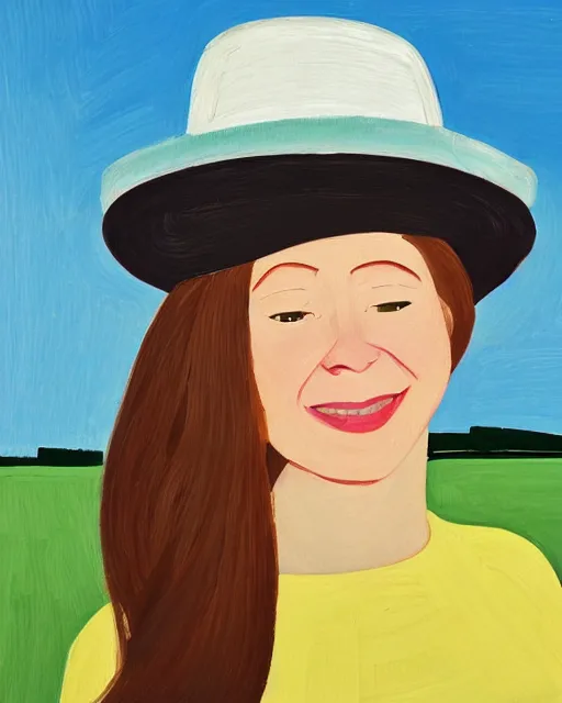 Prompt: portrait of a smiling young woman with hat, long hair, light background, colorful, summer dress, by alex katz, close up