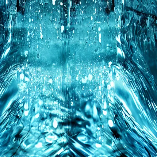 Prompt: water artwork manipulation inside the shape of an upside - down triangle under a waterfall, ray tracing, realistic water, focus, long shot, 8 k resolution, cinematic, water art photoshop