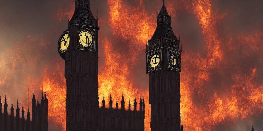 Image similar to the big ben being burned down, cinematic, rtx, beautiful, revolutionary, unreal, epic, blender render, professional