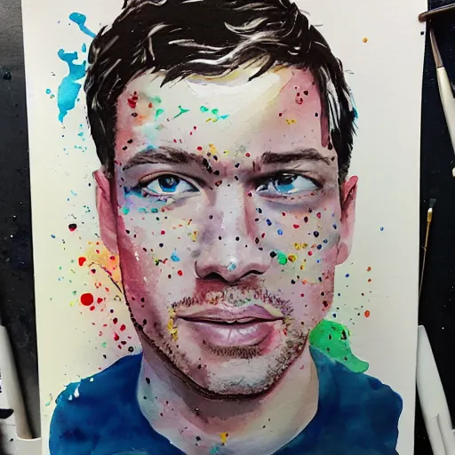 Prompt: Splatter watercolor portrait of Ryan O'Connell