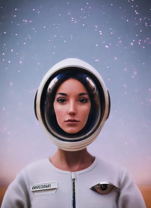Prompt: photograph portrait of a very pretty!!! woman! symmetric face, petzval lens. out of focus, look at the camera. in an very detailed astronaut costume. futuristic helmet with led, space station. by alesio albi and george lucas and stanley kubrick