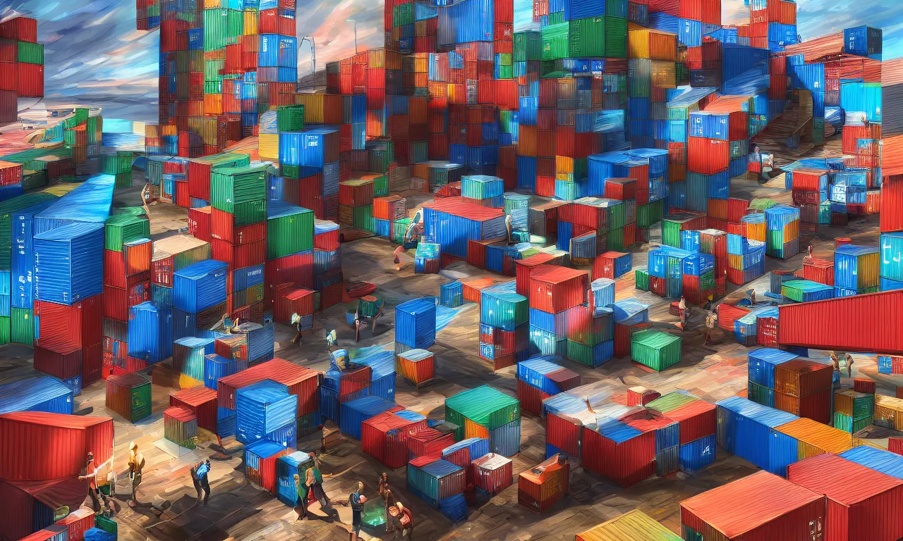 Image similar to podman run, exec, broken containers, 3 d art, digital illustration, perfect lighting