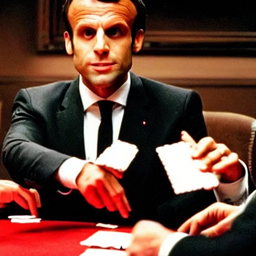 Prompt: Emmanuel Macron, playing poker with the devil, in American Psycho (1999)