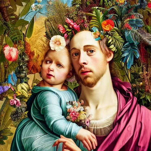 Prompt: maximalist father with a beautiful child, wearing an elaborate jacket overgrown by plants and with halo. hyperdetailed maximalism. mixed media in the style of Raffaello and Caravaggio. vibrant pastel tones matte background HD 8x sharp finish
