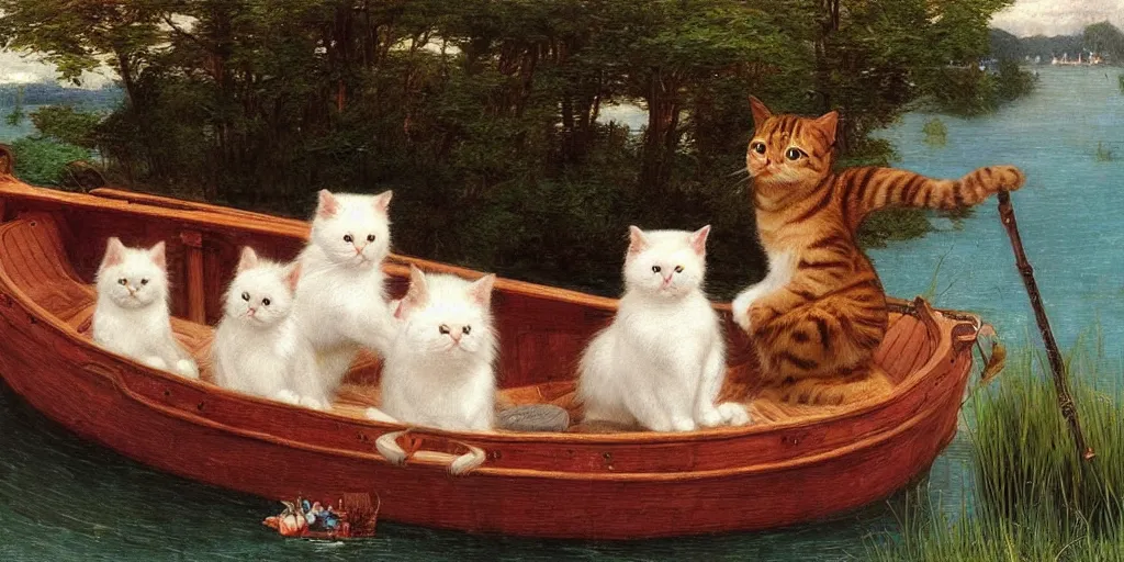 Image similar to 3 d precious moments plush cat, in a boat on a lake, realistic fur, stuffed animal, master painter and art style of john william waterhouse and caspar david friedrich and philipp otto runge