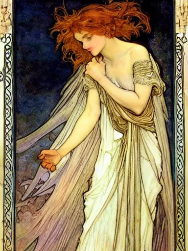 Prompt: a painting of a beautiful angel by rebecca guay and by john william waterhouse and by arthur rackham and by alphonse mucha, art noveau, detailed, proportional