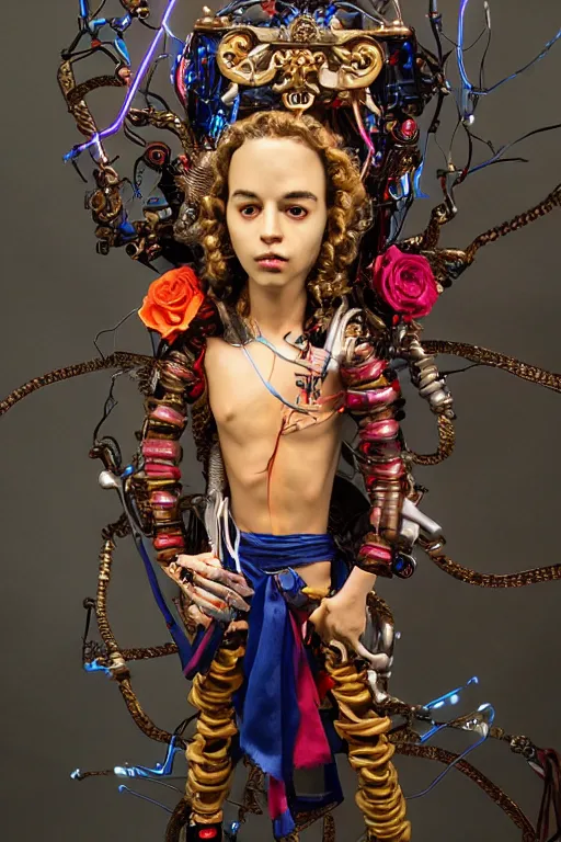 Image similar to full-body cyberpunk style sculpture of a young handsome Latino prince half android with a chest opening exposing circuitry and electric sparks, glowing red eyes, crown of blue roses, flowing magenta-colored silk, fabric, snakes. baroque elements, human skull. full-length view. baroque element. intricate artwork by caravaggio. many many birds birds on background. Trending on artstation, octane render, cinematic lighting from the right, hyper realism, octane render, 8k, depth of field, 3D