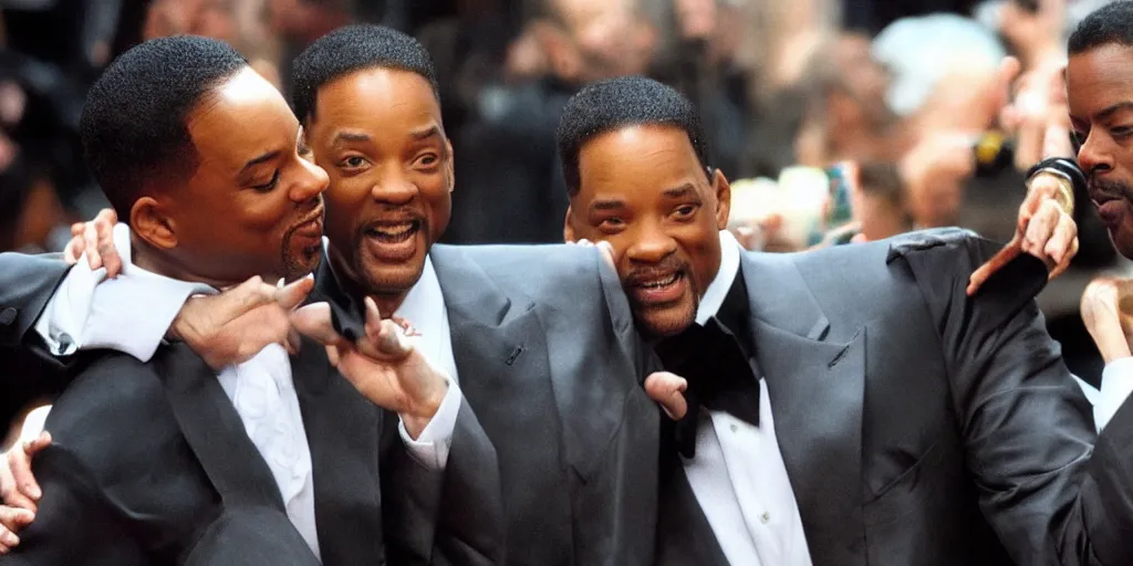 Image similar to will smith slapping chris rock, award winning photograph, hyper real