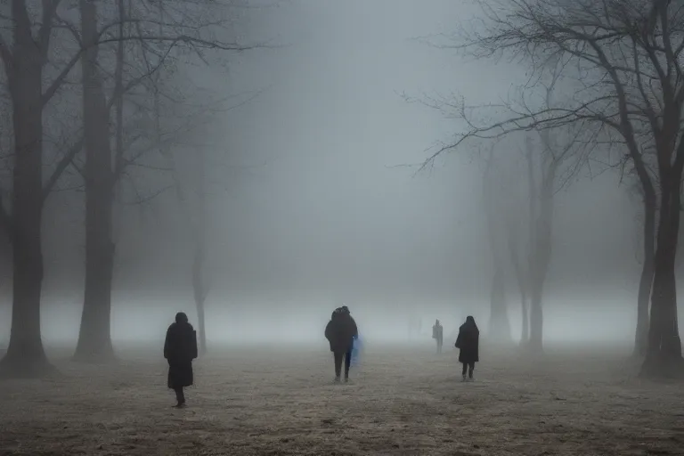 Prompt: photo of people being absorbed by the mist, eerie atmosphere, fear, mystery, dramatic, 8 k uhd