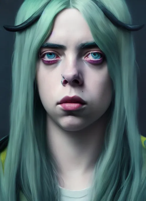 Image similar to Billie Eilish as female loki by, hyper detail, hyper realistic, octane render, noir, gorgeous symmetrical face, elegant, intricate, studio lighting, by Greg rutkowski