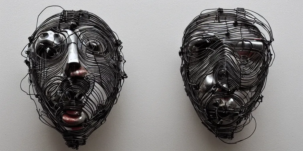 Prompt: a beautiful cyborg made of ceremonial wire maske