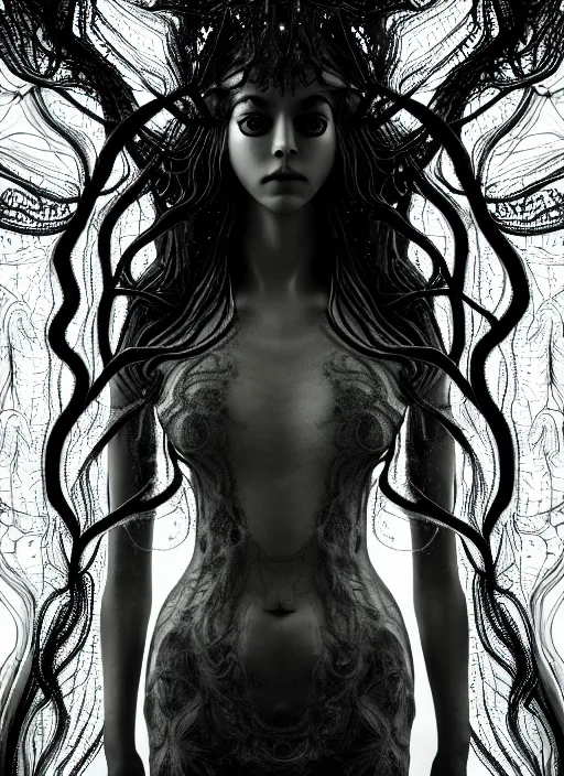 Image similar to surreal mythical dreamy dark artistic black and white fine art photo of a beautiful young female medusa - mermaid - cyborg covered with translucent algae, highly detailed, intricate crystal ivy jelly fish scales ornate, lace web, poetic, octane render, 8 k, photo - realistic, by man ray