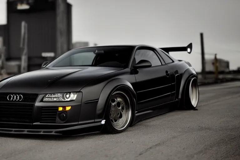 Image similar to widebody all black audi camaro b 6 ( 2 0 0 5 ) modernized, need for speed : carbon, at night, sci - fi, neon lines, phonk music background, smoke behind wheels, noise, dark, establishing shot, by simon stalenhag