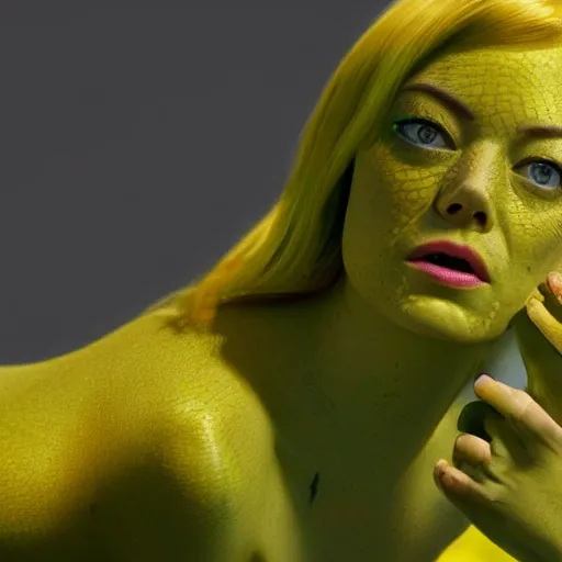 Prompt: Emma Stone transforming into a green-yellow angry lizard, 8K. detailed. photorealism. artstation. 25mm f/1.7 ASPH Lens. ultra realistic.