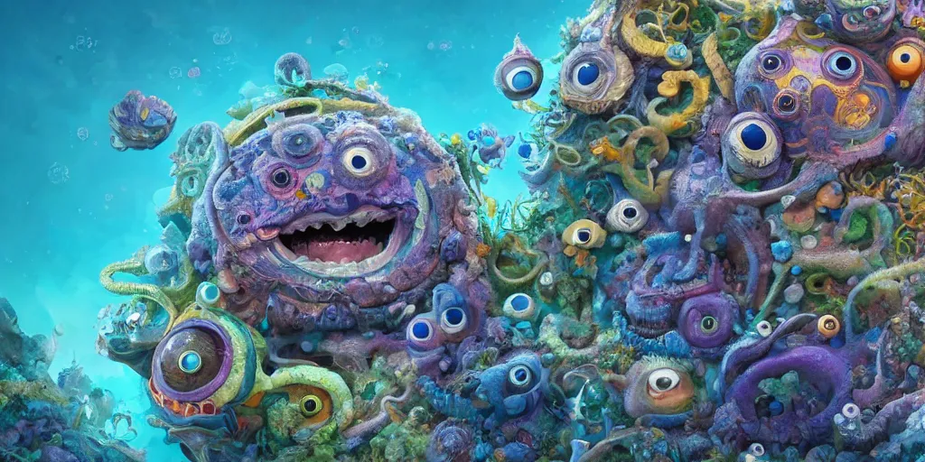 Image similar to of an intricate sea reef with strange cute friendly happy creatures with huge eyes, mouth, long tongue, round teeth and goofy face, appearing from the background, in the style of gehry and gaudi, macro lens, shallow depth of field, ultra detailed, digital painting, trending artstation, concept art, illustration, cinematic lighting, photorealism, epic, octane render