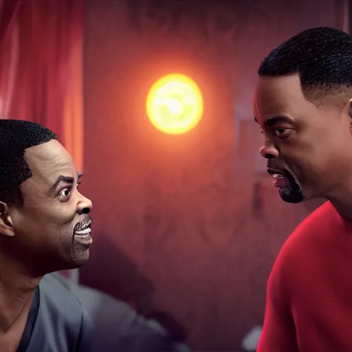 Image similar to chris rock is physically slapping will smith on his face, shadow harsh lights, dramatic scene, hyper detailed, digital art, trending in artstation, cinematic lighting, studio quality, smooth render, unreal engine 5 rendered, octane rendered, ligh rim