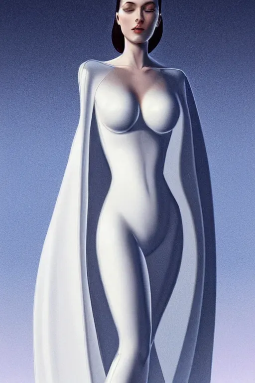 Image similar to detailed beautiful noun in opened white gold blue coat, seductive confident pose, attractive feminine curves, intricate details, futuristic, alien, elegant cape, elegant, photorealism, trending on artstation, holy halo, advanced technology, art by moebius and vitaly bulgarov and chanthara