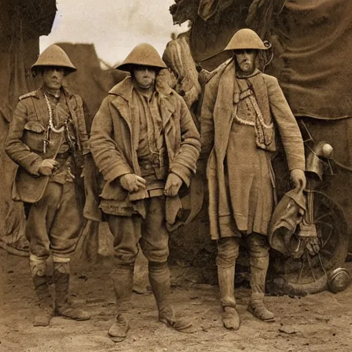 Prompt: a detailed photorealistic sepia - toned photo from 1 9 1 7, three clean - shaven british soldiers standing with two bedouin traders, ultra realistic, painted, intricate details, lovecraft, atmospheric, dark, horror, brooding, highly detailed, by clyde caldwell