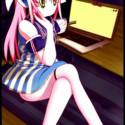 Image similar to suika ibuki from touhou project drinking beer and sitting at a computer, anime art, touhou project, suika, imageboard, personal computer, amazing composition