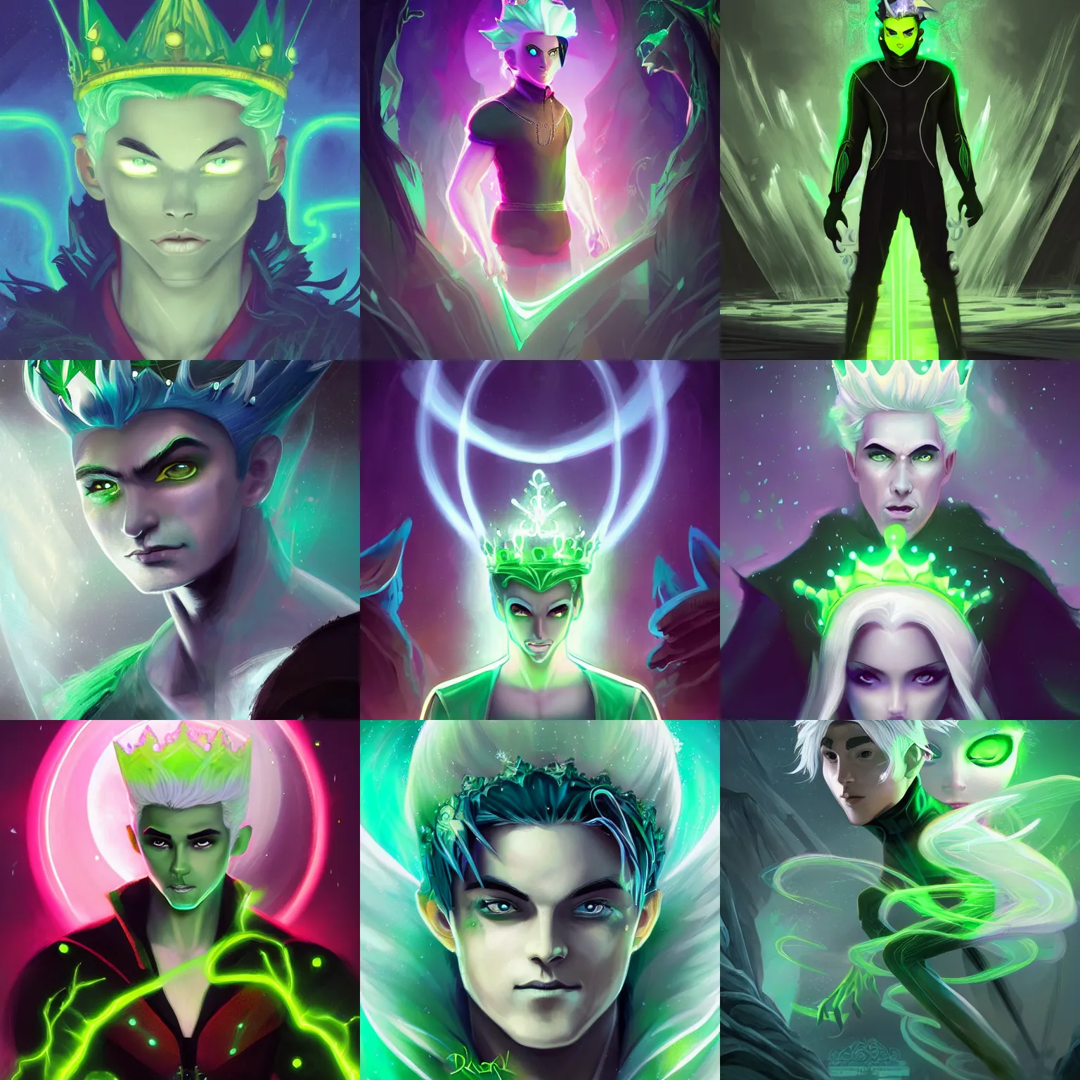 Prompt: A digital matte intricate illustration concept art of King Danny Phantom with snow white hair and glowing green eyes, floating crown alt art fashion inspired art by Charlie Bowater and WLOP and Mark Arian and Ross Tran + neon colors, symmetry , intricate complexity, epic composition, magical atmosphere, highly detailed, cinematic lighting + masterpiece, trending on artstation + 8k