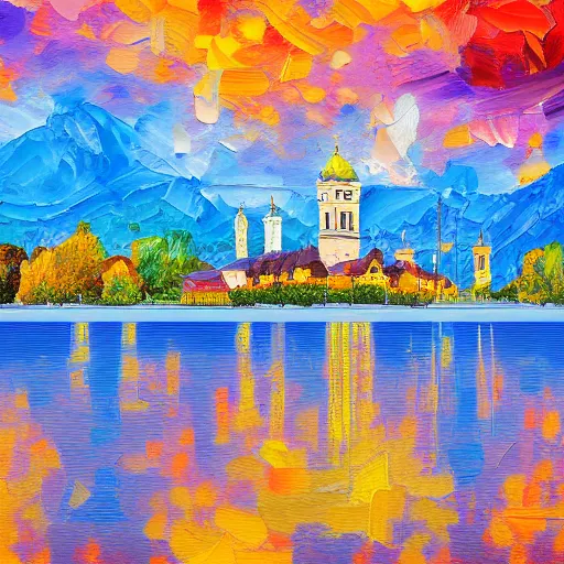 Image similar to a beautiful impasto oil painting of the city of the chiemsee, digital art