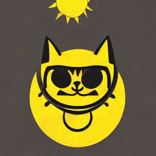 Image similar to tattoo sketch of a one eye cat hugging the sun, on a yellow paper, maori ornament, polinesian style, minimalism, vector