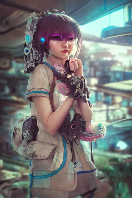 Image similar to solarpunk girl kawaii wearing oculus, ultra realistic, concept art, intricate details, highly detailed, photorealistic, octane render, 8 k