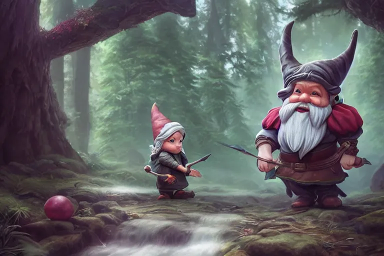 Image similar to legendary elegant gnome hold map and feel confuse in forest,, highly detailed, d & d, fantasy, highly detailed, digital painting, trending on artstation, concept art, sharp focus, illustration, global illumination, ray tracing, realistic shaded, art by artgerm and greg rutkowski and fuji choko and viktoria gavrilenko and hoang lap