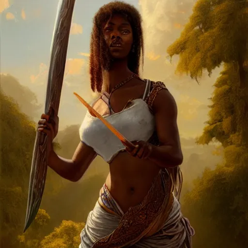 Image similar to artstation concept of a beautiful girl holding a sword in both hands, brown skin, sweaty skin, symmetrical face, casual white garment, brown canyon background, shiny colorful, hyperdetailed, artstation trending, world renowned artists, worth1000.com, historic artworks society, antique renewel, cgsociety, by greg rutkowski, by Gustave Dore, Deviantart